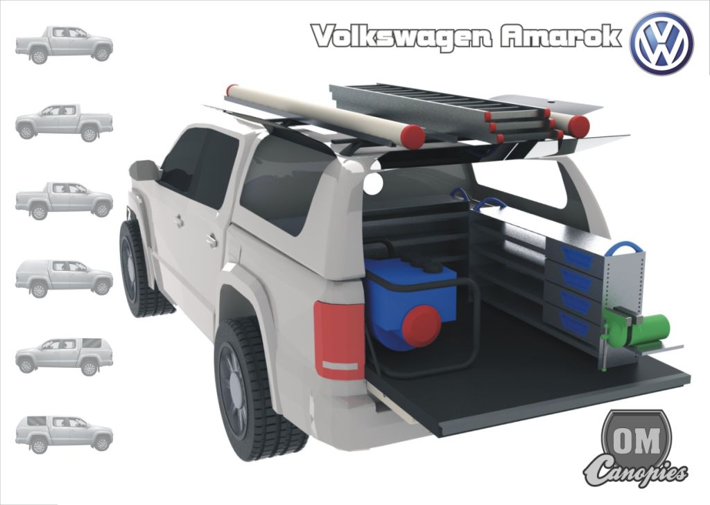 Mobilní dílna ve voze VW Amarok DC. Na voze je nástavba model Mk.III s bočními odklopnými dveřmi pro snadnější přístup do ložného prostoru vozu. Informujte se na možné varianty vestaveb. 